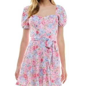 NWT City StudiosJuniors' Floral-Print Pointelle Tie-Waist Skater Dress 1…